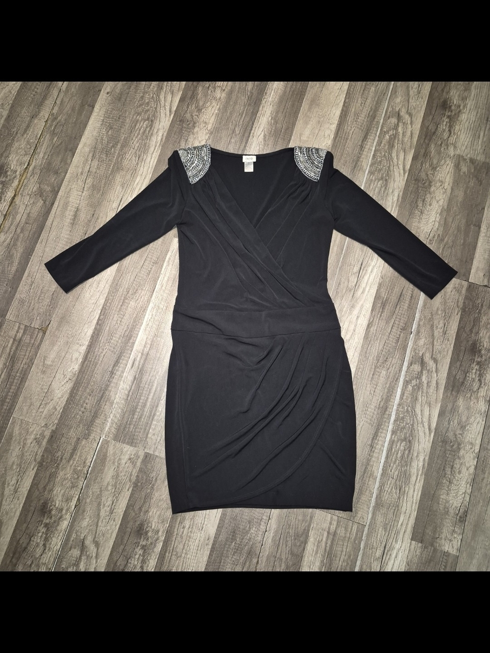 Cache Black Beaded Shoulder Wrap Mini Dress
